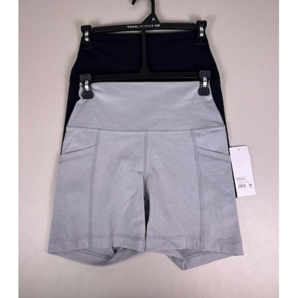 Yogalicious Lux Tribeca High Rise 5" Bike Shorts 2 Pack Black Grey Pockets NEW